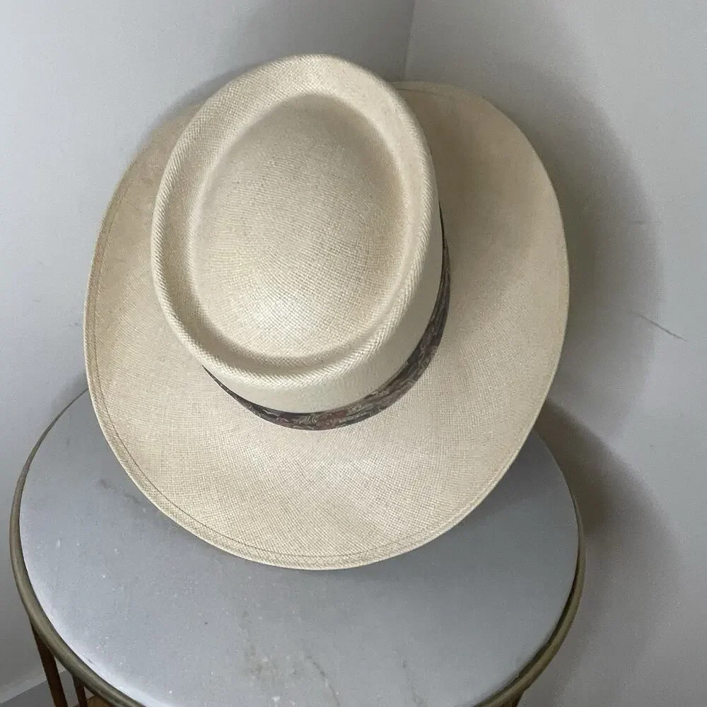 VTG Churchill Ltd Genuine Shantung Straw Panama Hat Size 7 3/8 Paisley Band